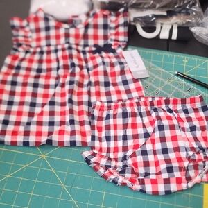 Nwt Sz 12-18 Months Carter's Red Navy Blue & White Gingham Top & Bloomers Set